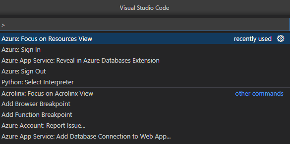 Screenshot of the command palette in Visual Studio Code. The user has selected the Focus on Azure Databases extension View command.