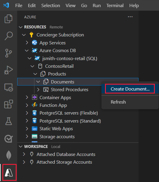 Screenshot of the Azure Databases pane in Visual Studio Code. The user has selected the Create Document command in the StudentCourseGrades container.