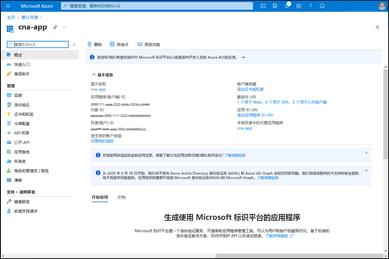 Azure 门户中 cna-app 边栏选项卡的屏幕截图。