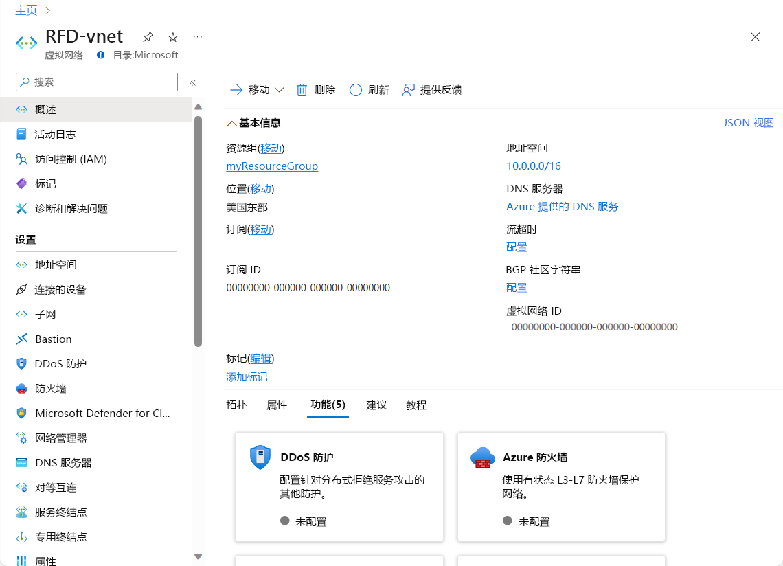 Screenshot of the Azure portal showing an example pane for configuring a virtual network.