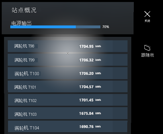 HoloLens 2 上“位置概览”面板的屏幕截图，其中显示了涡轮机数据。