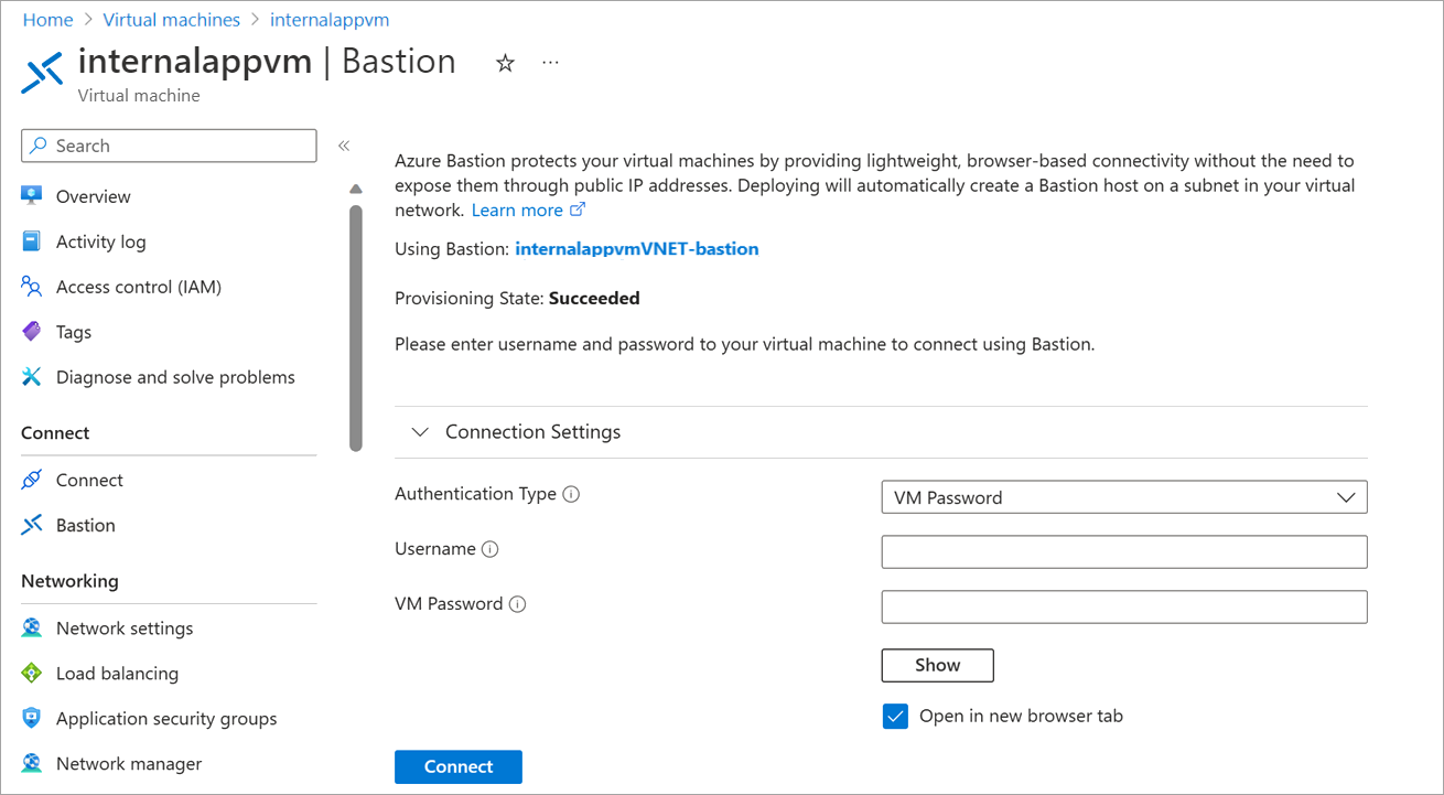 用于提示为 VM 输入用户名和密码的 Azure Bastion 页的屏幕截图。