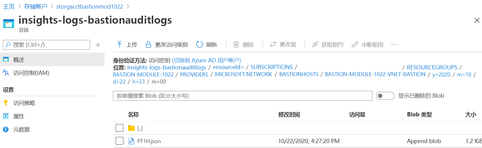 用于显示特定时间段内 JSON 文件的 Azure Bastion 见解日志屏幕截图。