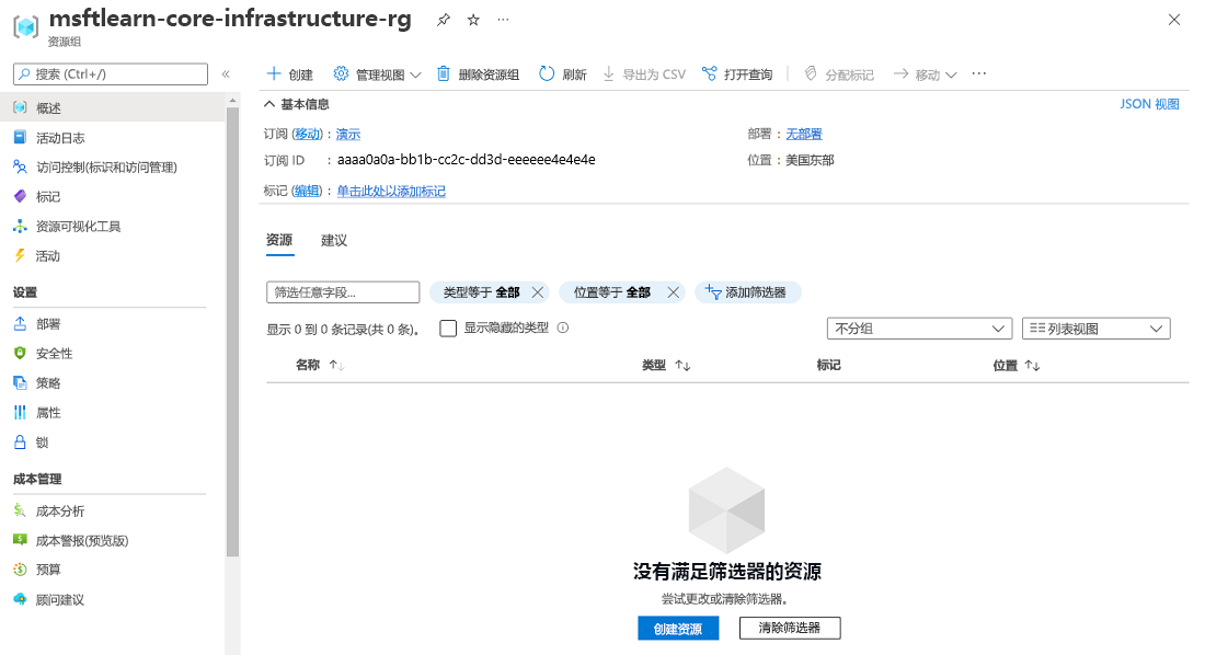 Azure 门户屏幕截图，显示了尚无资源的新资源组窗格。