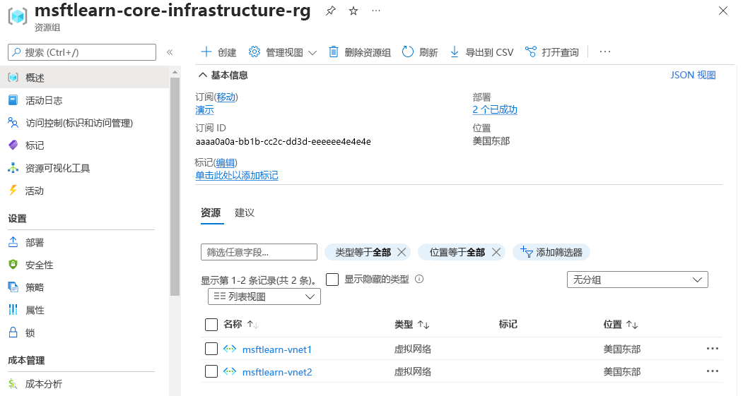 Azure 门户屏幕截图，显示包含了两个虚拟网络资源的资源组概述。