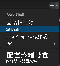 Visual Studio Code 终端窗口的屏幕截图，其中显示了选择 shell 下拉菜单。