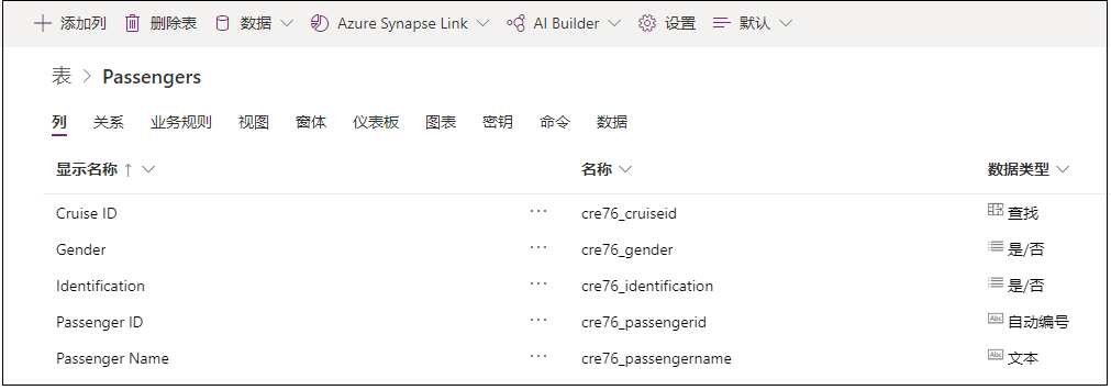 输入列后乘客表的屏幕截图。