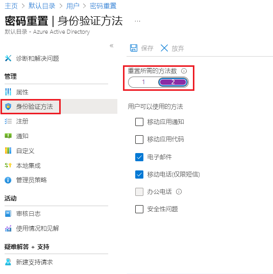 屏幕截图：显示了 Microsoft Entra 密码重置身份验证方法窗格的 Azure 门户，其中重置所需的方法数设置为 2。