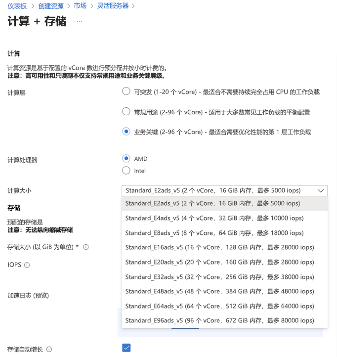 “计算+存储”页面的“计算”部分的屏幕截图，其中显示了内存优化计算层的计算大小选项。