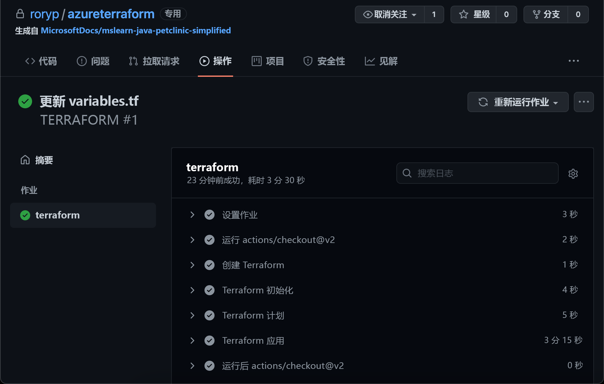 屏幕截图显示了 Terraform 工作流运行的结果。