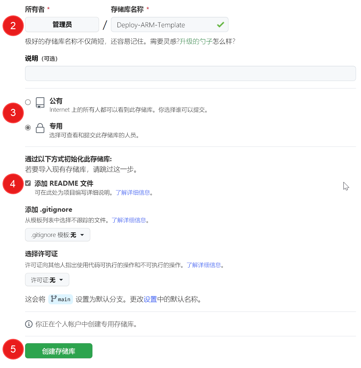 显示创建新存储库的详细信息的屏幕截图。