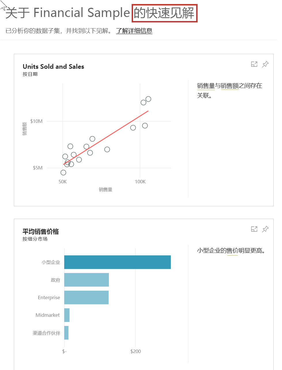 示例报表生成的快速见解的屏幕截图。