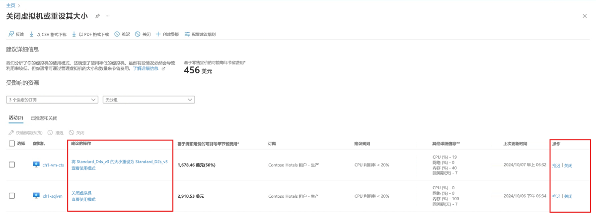 显示 Azure 顾问中的建议操作的屏幕截图。