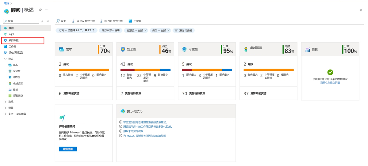 显示顾问分数页面的屏幕截图。