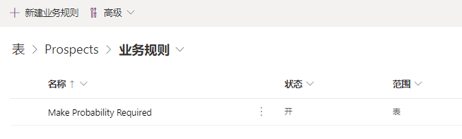 显示新规则“使概率为必需”的业务规则图表的屏幕截图，其中突出显示了“Prospect”表名称。