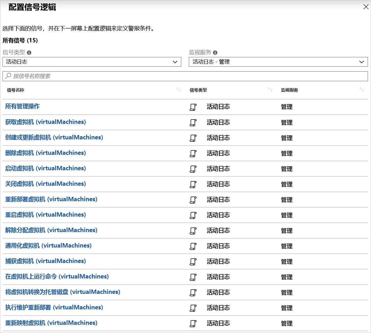 与 VM 相关的活动日志警报的信号逻辑屏幕截图。