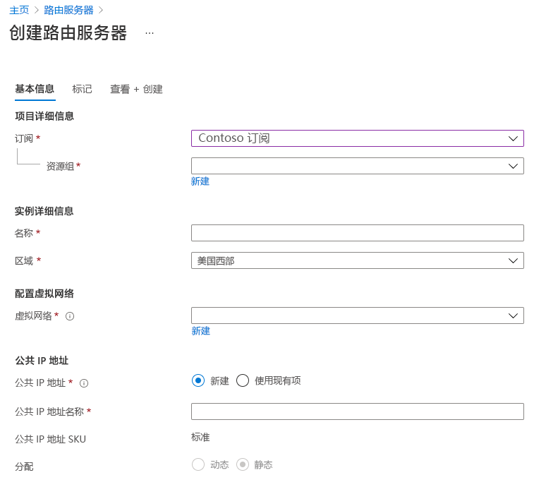 创建路由服务器页面的屏幕截图，其中选择了“基本信息”选项卡。