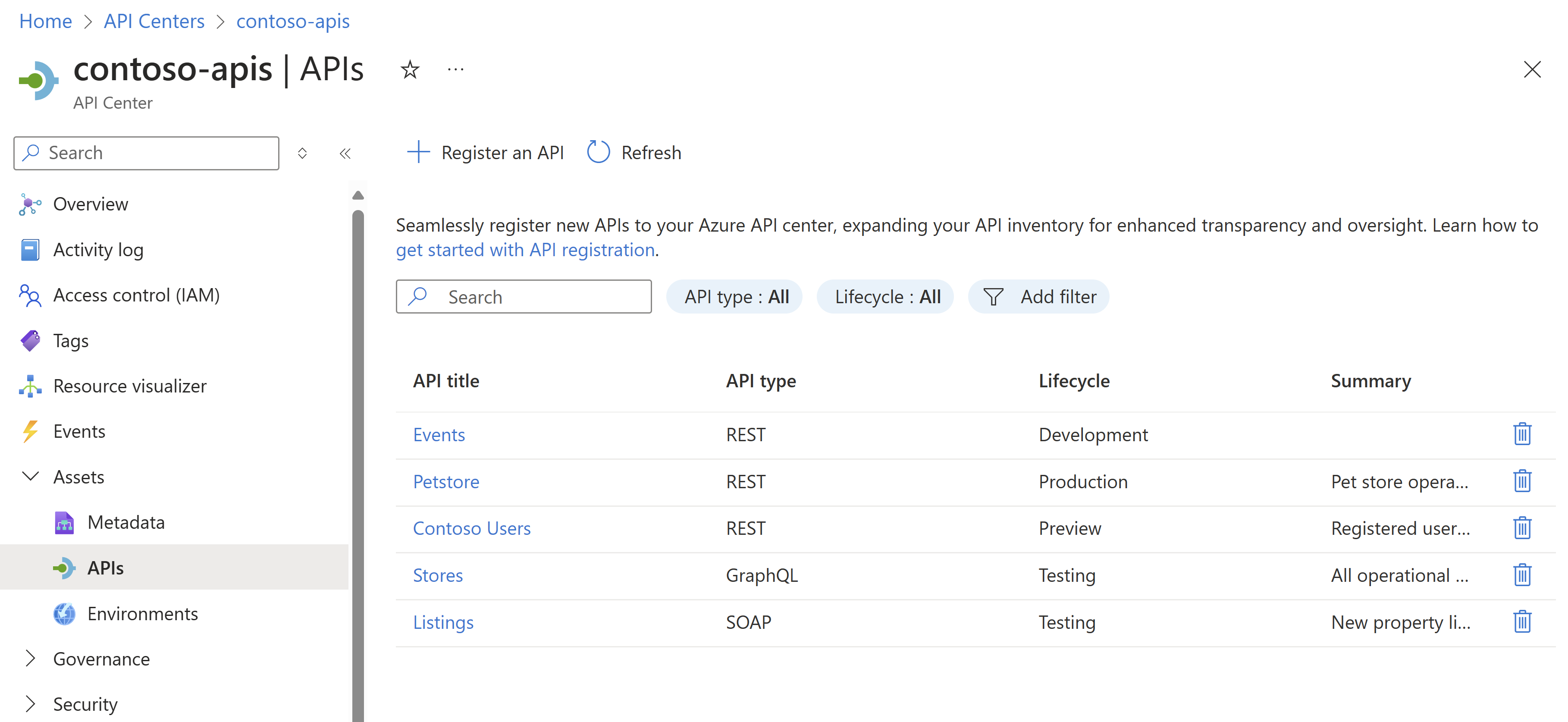 显示 Azure 上的 Azure API 中心登陆页的屏幕截图。