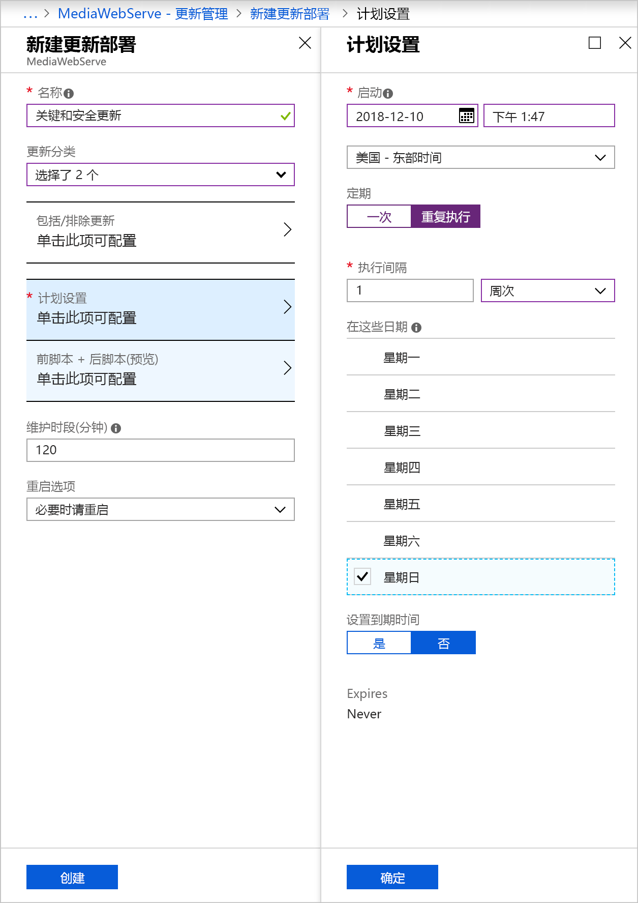 显示“新更新部署”页面和“计划设置”页面的屏幕截图，这些页面按照表中的说明填写了字段。