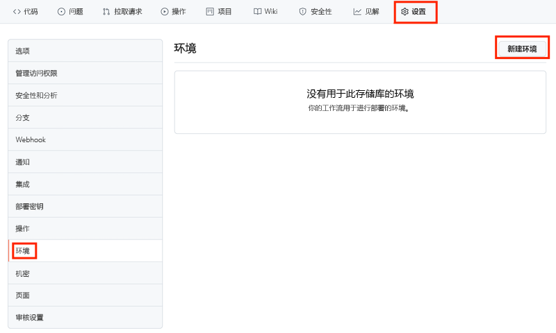 GitHub 界面的屏幕截图，其中显示了“环境”页和用于创建环境的按钮。