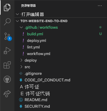 Visual Studio Code 资源管理器的屏幕截图，其中显示了 .github/workflows 文件夹和 build.yml 文件。