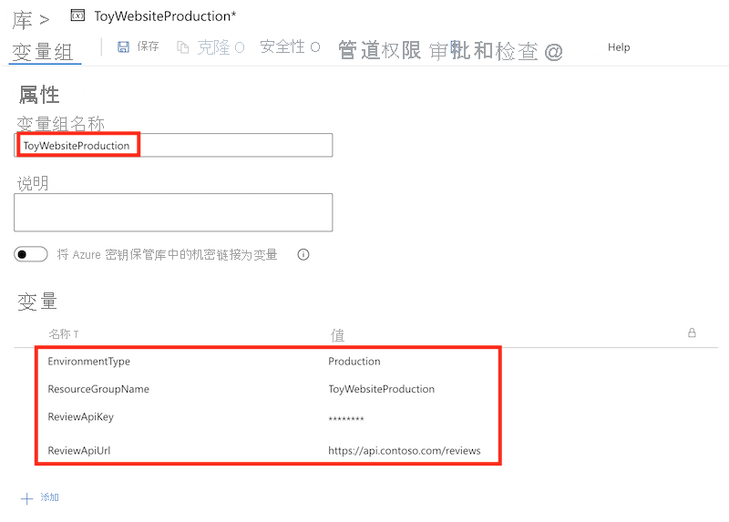 Screenshot of the production variable group with updated variables.