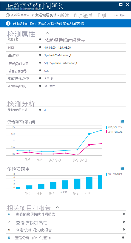 显示 Application Insights 中依赖项降级通知的屏幕截图。