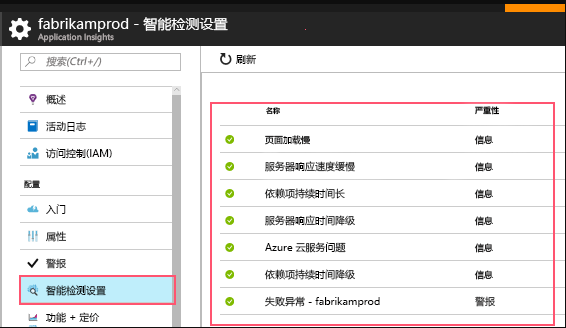 显示智能检测设置的屏幕截图。这些设置包括检测页面加载时间缓慢、服务器响应时间缓慢等。