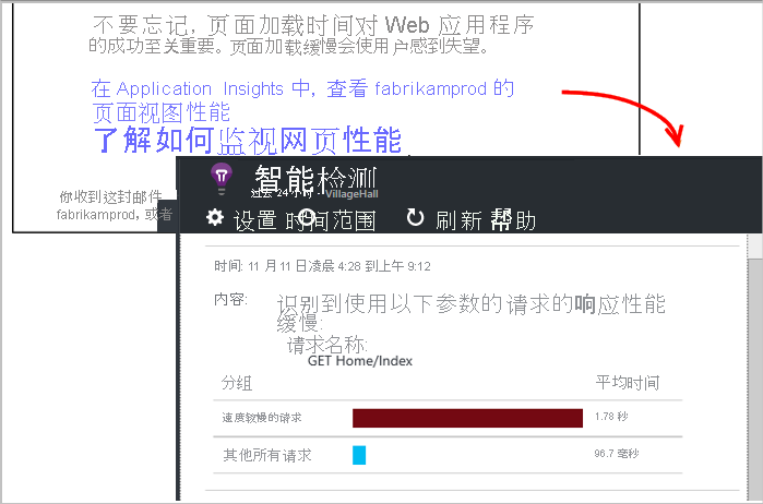 显示 Application Insights 中智能检测的屏幕截图。