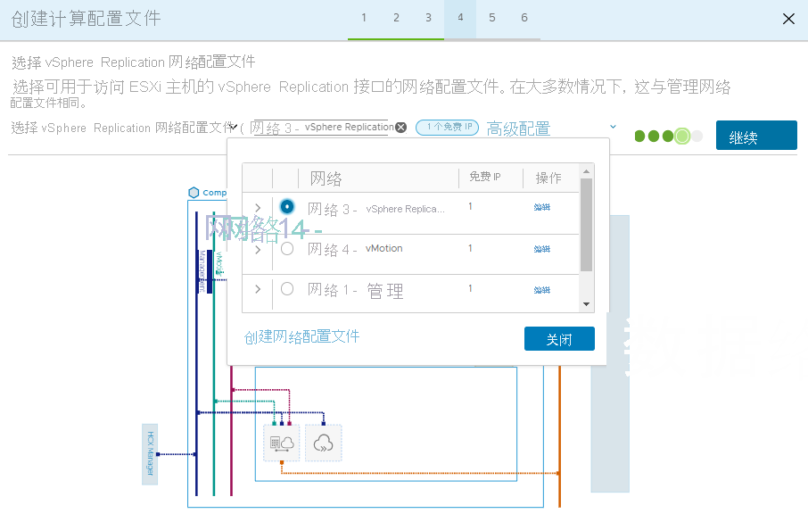 Screenshot that shows the selection of a replication network profile and the Continue button in the on-premises HCX Connector.