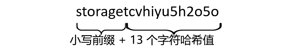 字符串的图片，该字符串是通过将单词 Storage 与 13 个字符的哈希连接起来，然后将所有字母转换为小写创建而成。