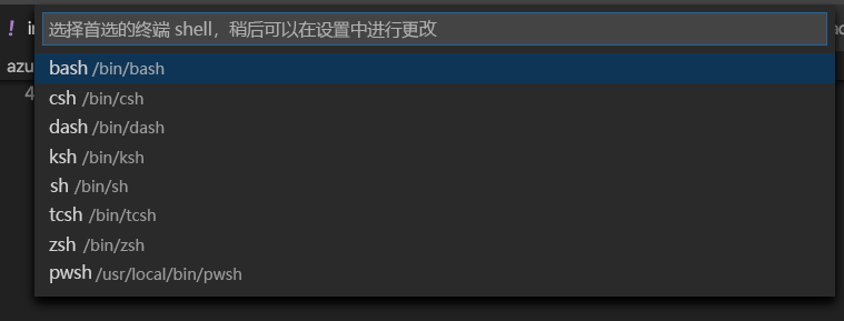 屏幕截图，其中显示了 Visual Studio Code 终端窗口中的精选 shell 列表。