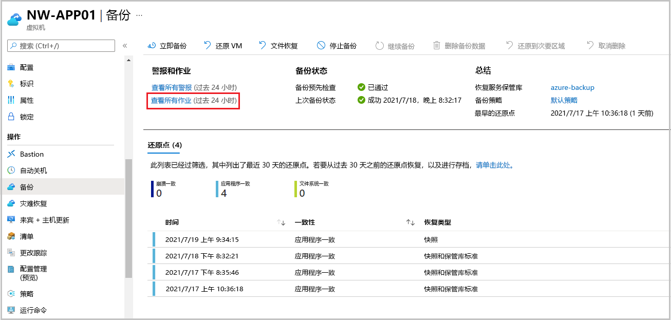 还原作业的视图详细信息的屏幕截图。