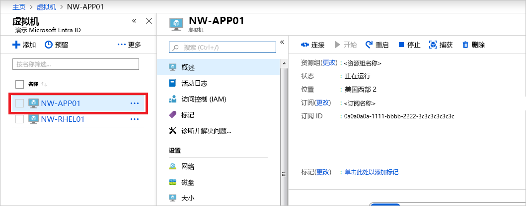 显示 VM 概述页面的屏幕截图。