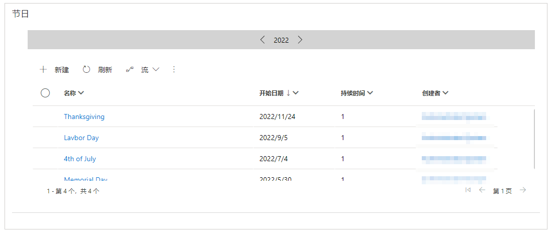 节日页面屏幕截图，其中显示具有开始日期和持续时间条目的美国假日。