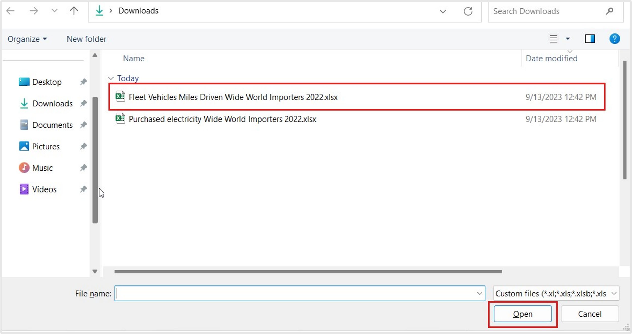 Screenshot of the File Open dialog with the Excel file selected.