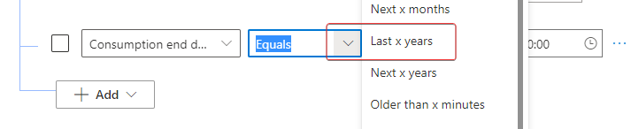 Screenshot of the Operator dropdown menu expanded to reveal the Last x years option.