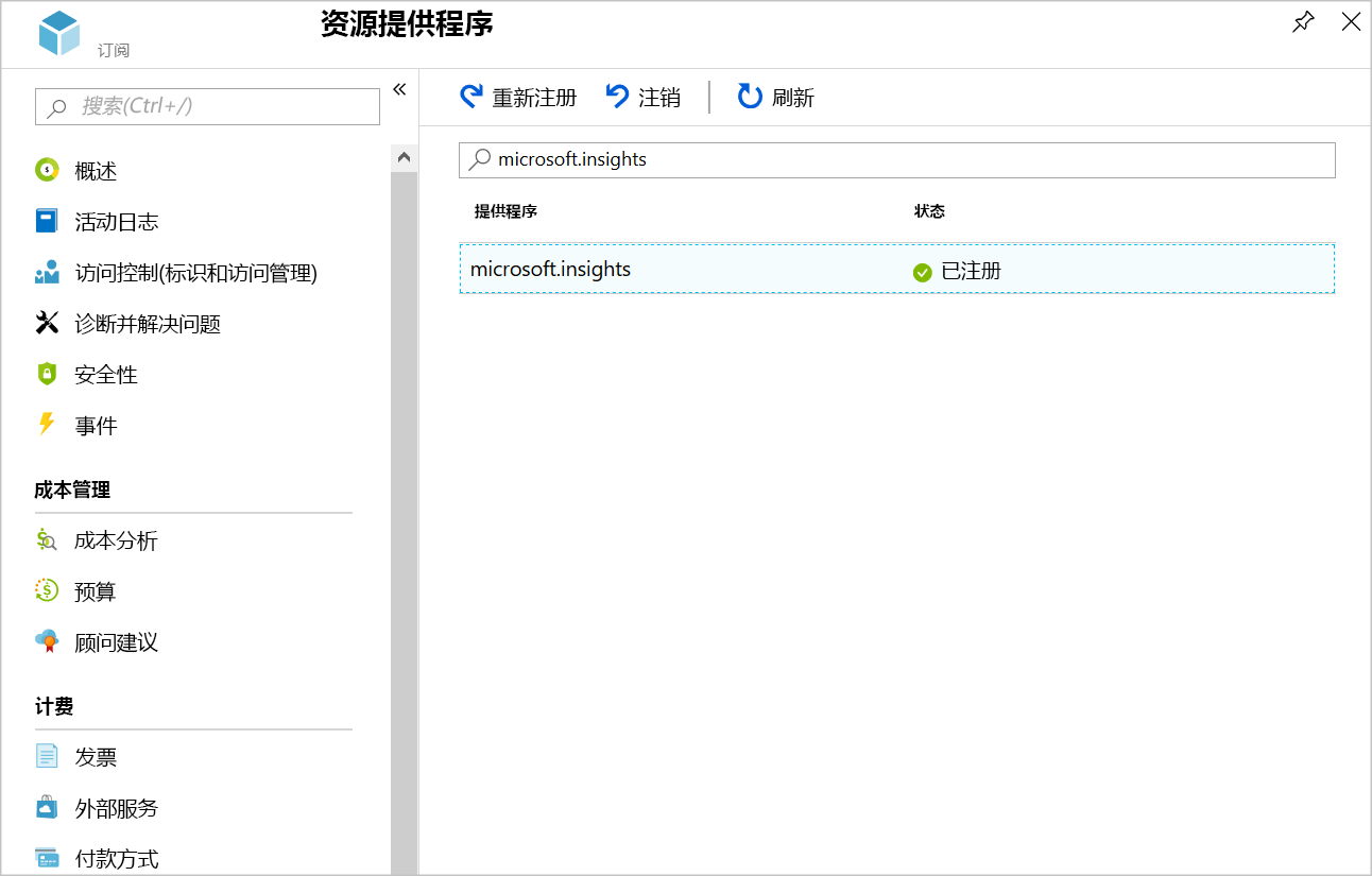 Screenshot showing the registered Microsoft.Insights provider.