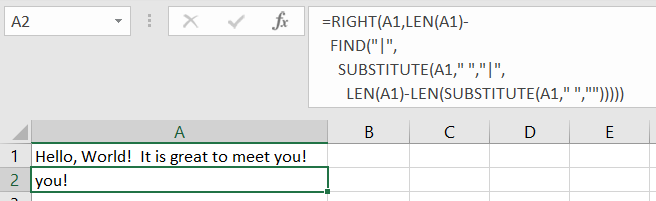 Excel 公式：=RIGHT(A1,LEN(A1)-FIND(