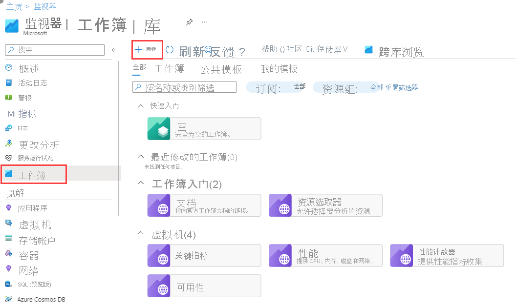 显示“Azure 工作簿”页面的“新建工作簿”图标的屏幕截图。