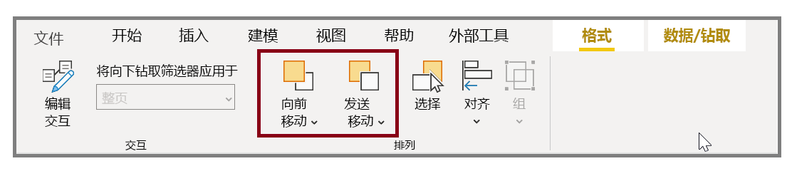 “格式设置”选项卡上“下移一层”按钮及其下拉选项的图像。