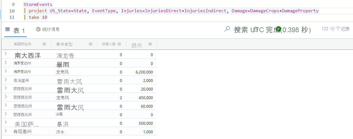 重命名列的 project 运算符的查询结果的屏幕截图。