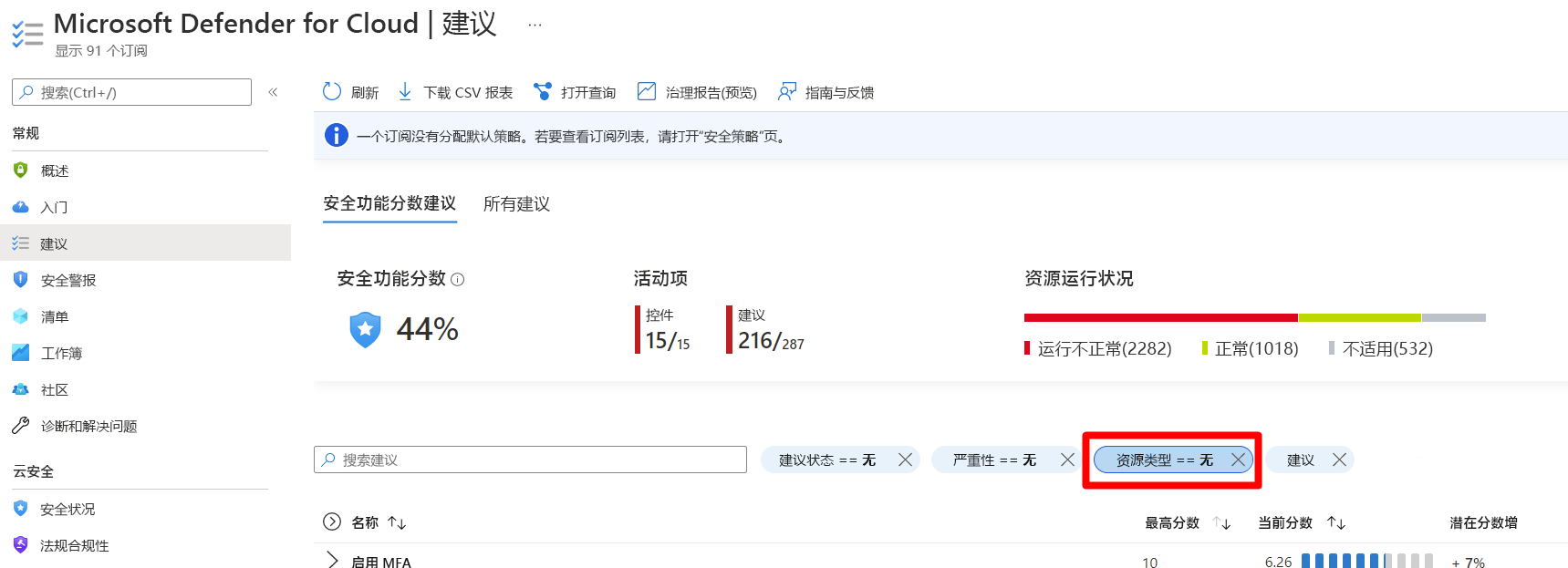 屏幕截图显示了如何使用资源筛选器查看未完成的建议。