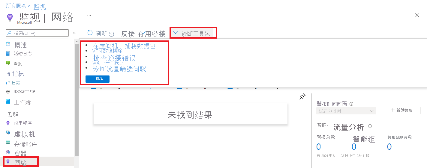 Azure Monitor 网络见解的屏幕截图，其中突出显示了“诊断工具包”。