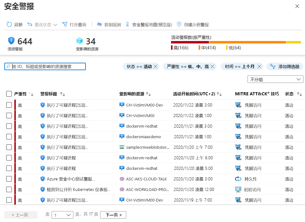 活动安全警报列表的屏幕截图。