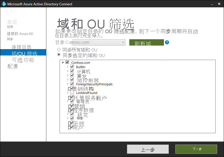Microsoft Entra Connect 向导的“域/OU 筛选”选项卡的屏幕截图。管理员已选择了“同步所选域和 OU”选项，以及从返回的 Contoso.com 列表中选择了各种 OU。