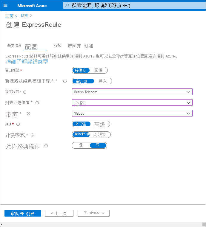 A screenshot of the Create ExpressRoute blade, Configuration tab. The Port type is set to Provider. The Provider is British Telecom. The Peering location is London. The bandwidth is 1 Gbps. The Standard SKU is selected.