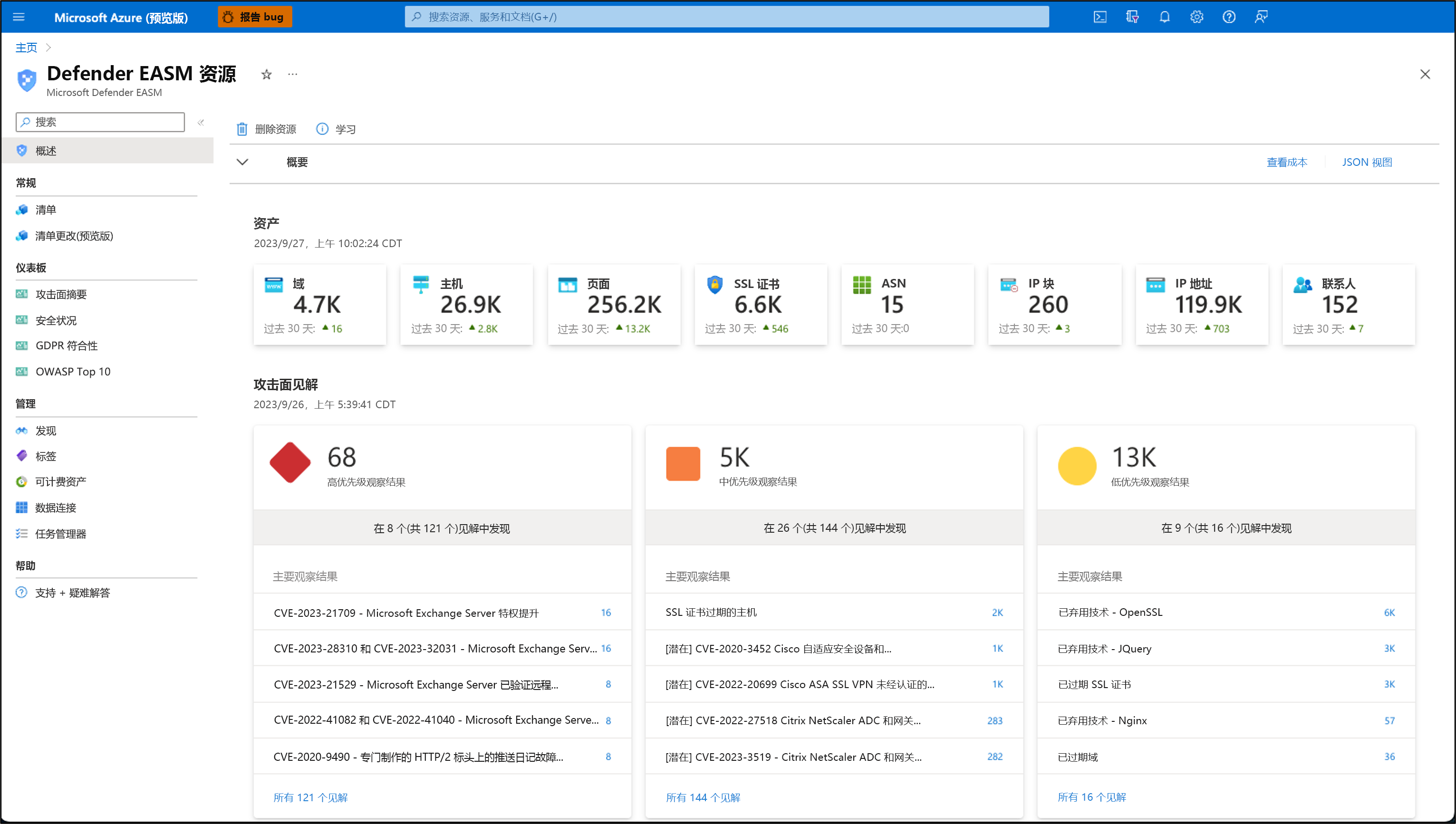 Screenshot showing the Microsoft Defender External Attack Surface Management dashboard.