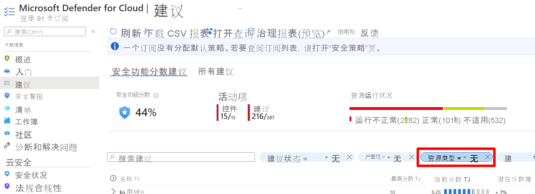 屏幕截图：显示了如何使用资源筛选器查看未完成建议的示例。