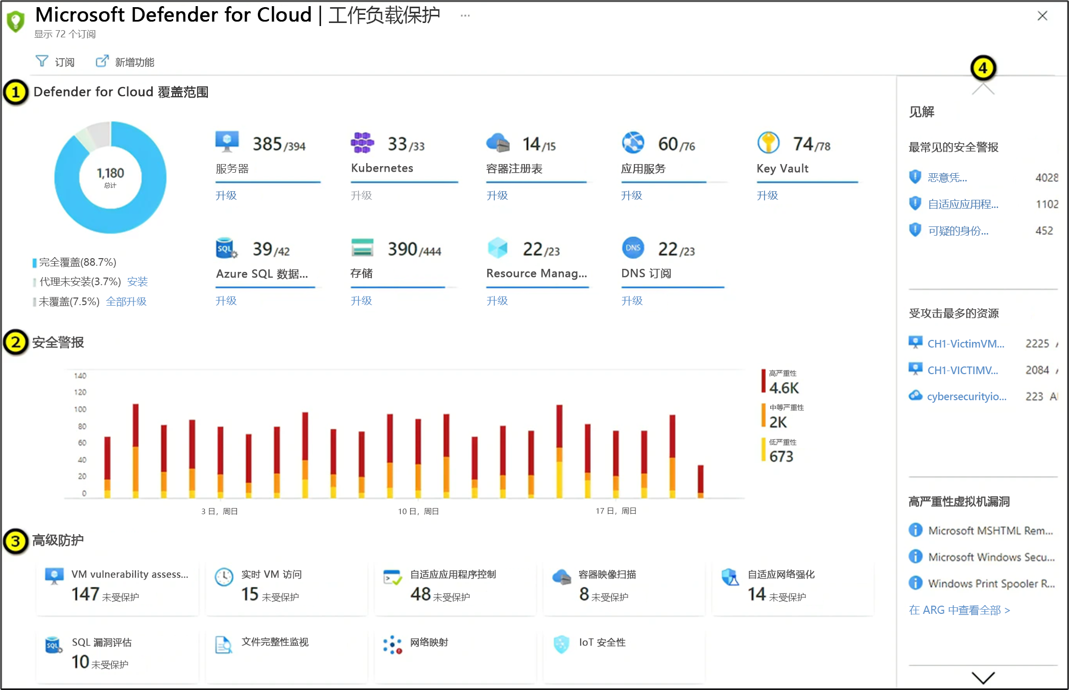 显示 Defender for Cloud 中的工作负载保护的屏幕截图。